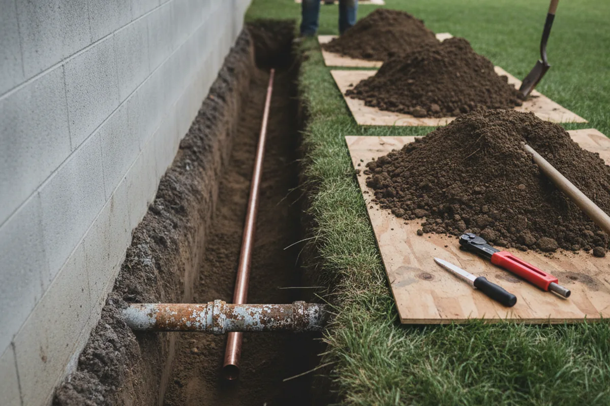 Excavated water line trench during Water Softener Installation in Long Island
